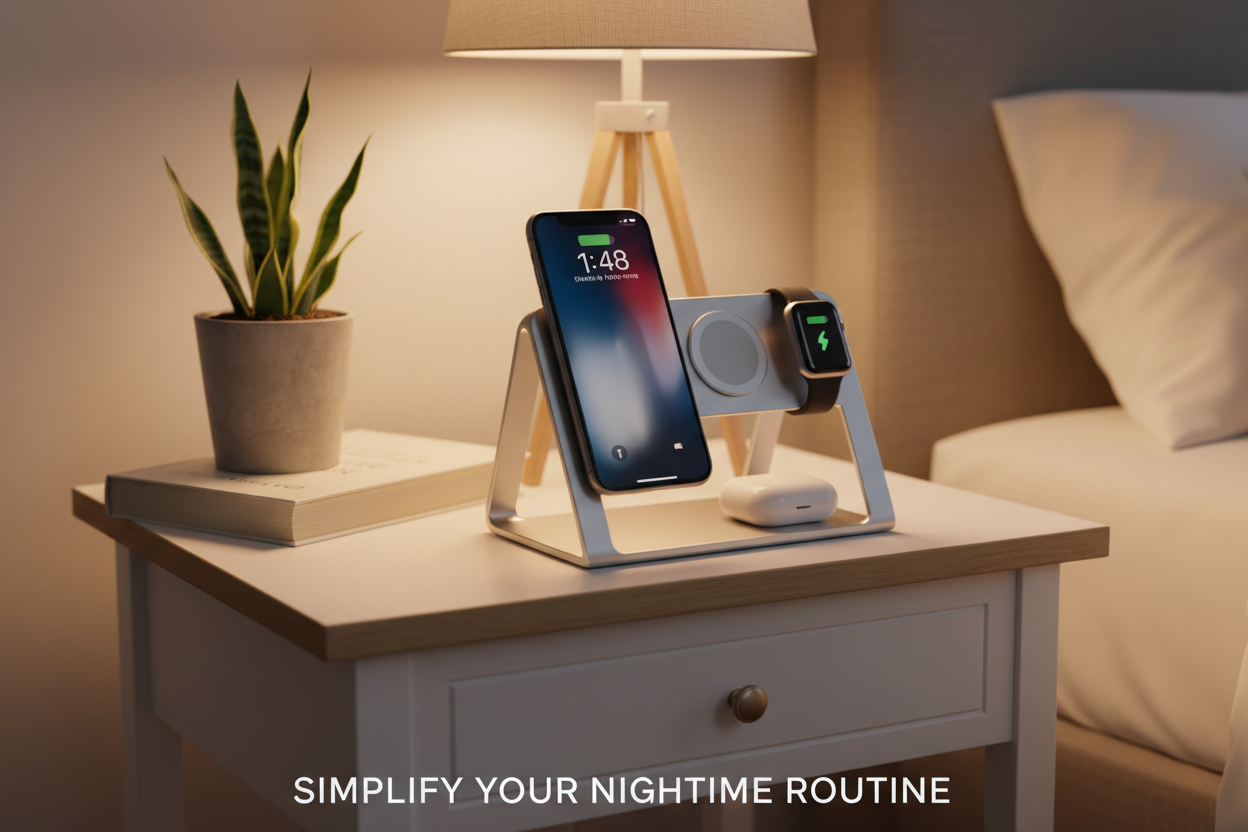 3-in-1 wireless charger on bedside table charging iPhone, Apple Watch, and AirPods at night