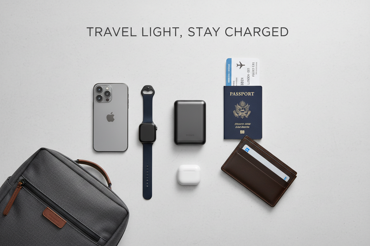 Travel flat lay showing foldable 3-in-1 wireless charger with travel essentials