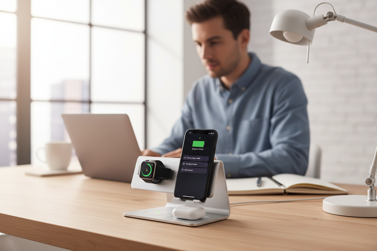 Professional using 3-in-1 wireless charger on clean modern desk workspace