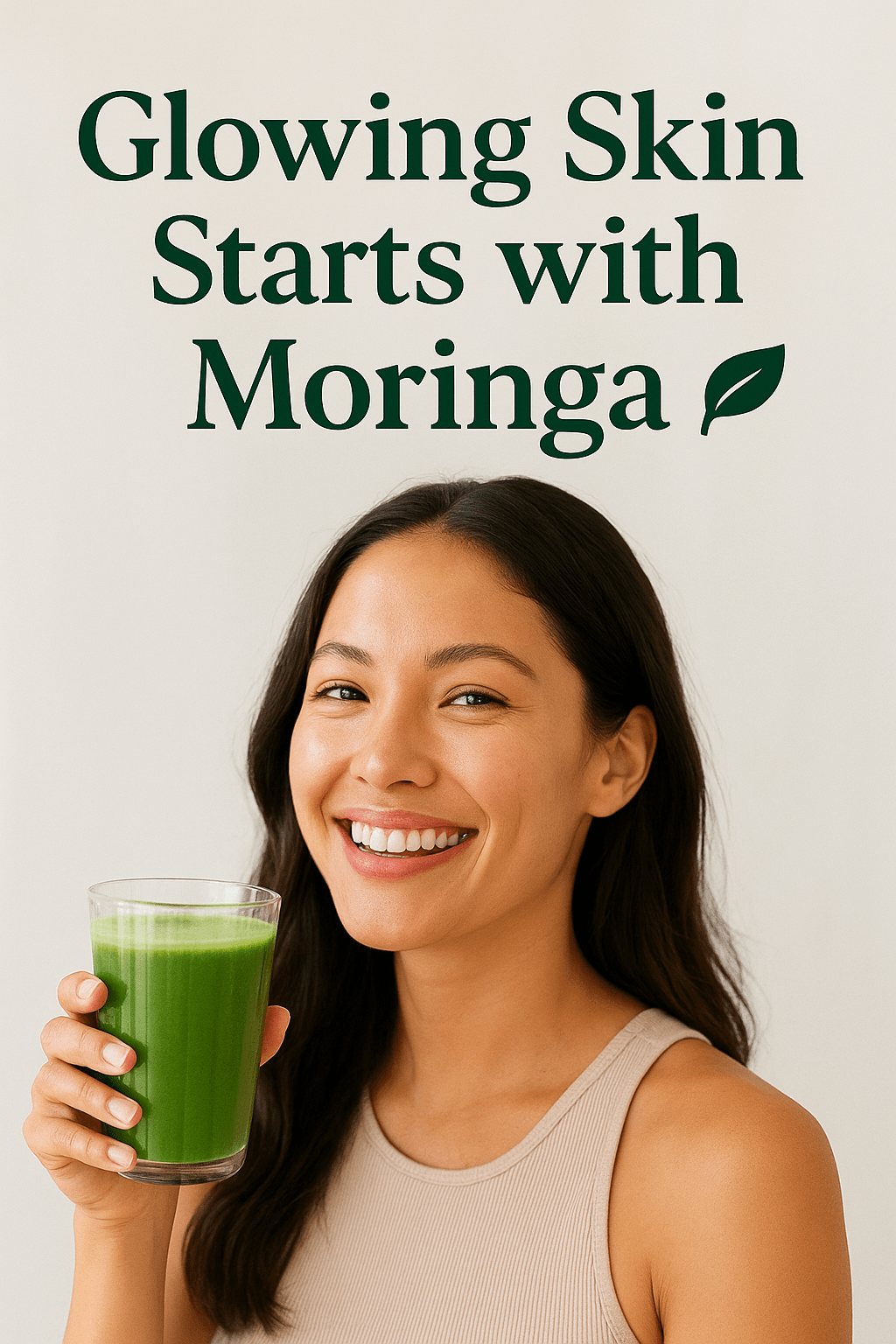 Pin Concept 1 – "Glowing Skin + Energy" Image: A smiling woman with glowing skin holding a green smoothie. Overlay text: “Glowing Skin Starts with Moringa 🌿”